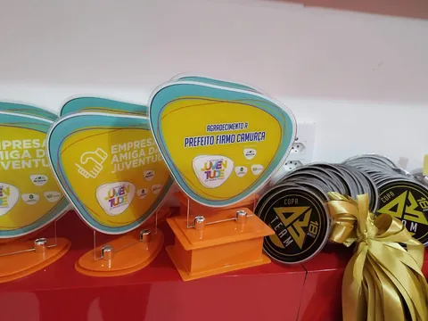 Troféus e medalhas para premiação. Fotografia de trabalho da VLT Acrílicos.