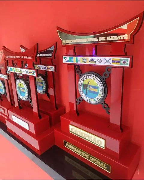 Troféus com tema de artes marciais. Fotografia de trabalho da VLT Acrílicos.