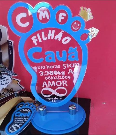 Placa comemorativa em azul e rosa. Fotografia de trabalho da VLT Acrílicos.