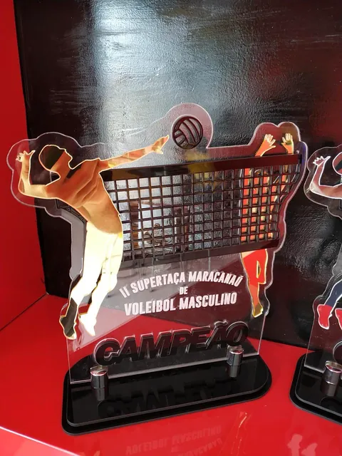 Detalhe de troféu de voleibol. Fotografia de trabalho da VLT Acrílicos.