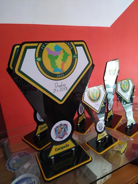 Premiação de futebol com troféus e medalhas. Fotografia de trabalho da VLT Acrílicos.