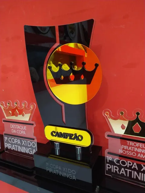 Detalhe de troféu de campeão com coroa. Fotografia de trabalho da VLT Acrílicos.