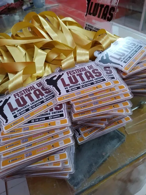 Medalhas para festival de lutas. Fotografia de trabalho da VLT Acrílicos.