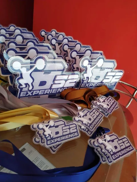 Medalhas e troféu para evento de treinamento. Fotografia de trabalho da VLT Acrílicos.