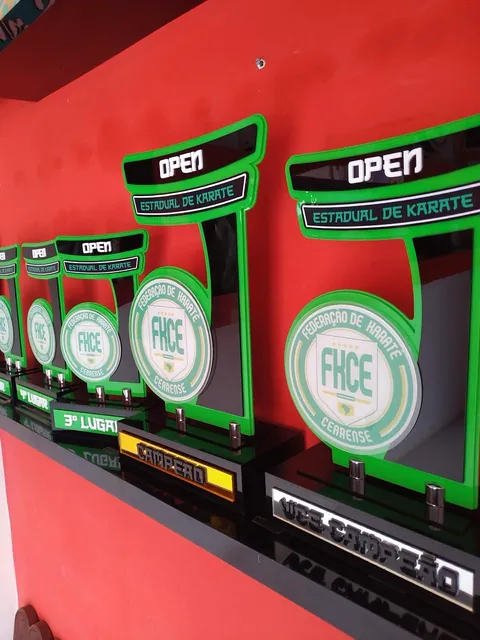 Troféus verdes e pretos para karatê. Fotografia de trabalho da VLT Acrílicos.
