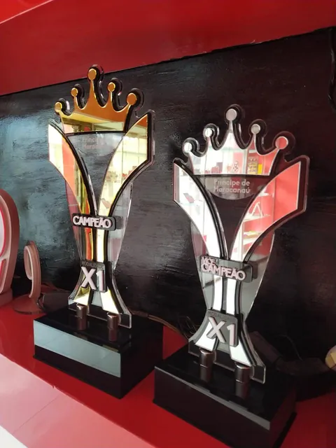 Troféus X1 com coroas. Fotografia de trabalho da VLT Acrílicos.