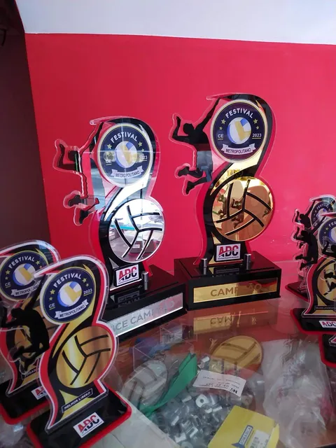 Troféus azuis e dourados de voleibol. Fotografia de trabalho da VLT Acrílicos.