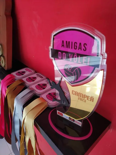 Troféu e medalhas Amigas do Vôlei. Fotografia de trabalho da VLT Acrílicos.