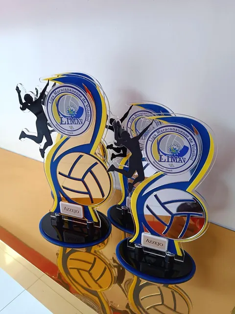 Troféus de voleibol em azul e dourado. Fotografia de trabalho da VLT Acrílicos.