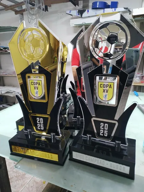 Troféus de futebol Copa XV. Fotografia de trabalho da VLT Acrílicos.