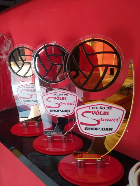 Troféus e medalhas de voleibol. Fotografia de trabalho da VLT Acrílicos.