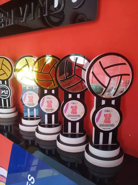 Troféus de voleibol com bolas coloridas. Fotografia de trabalho da VLT Acrílicos.